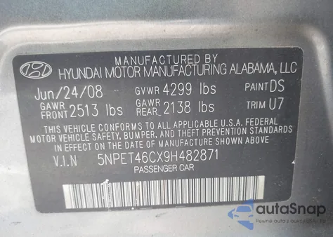 2009 Hyundai Sonata Gls z USA, uszkodzony, nr VIN 5NPET46CX9H482871